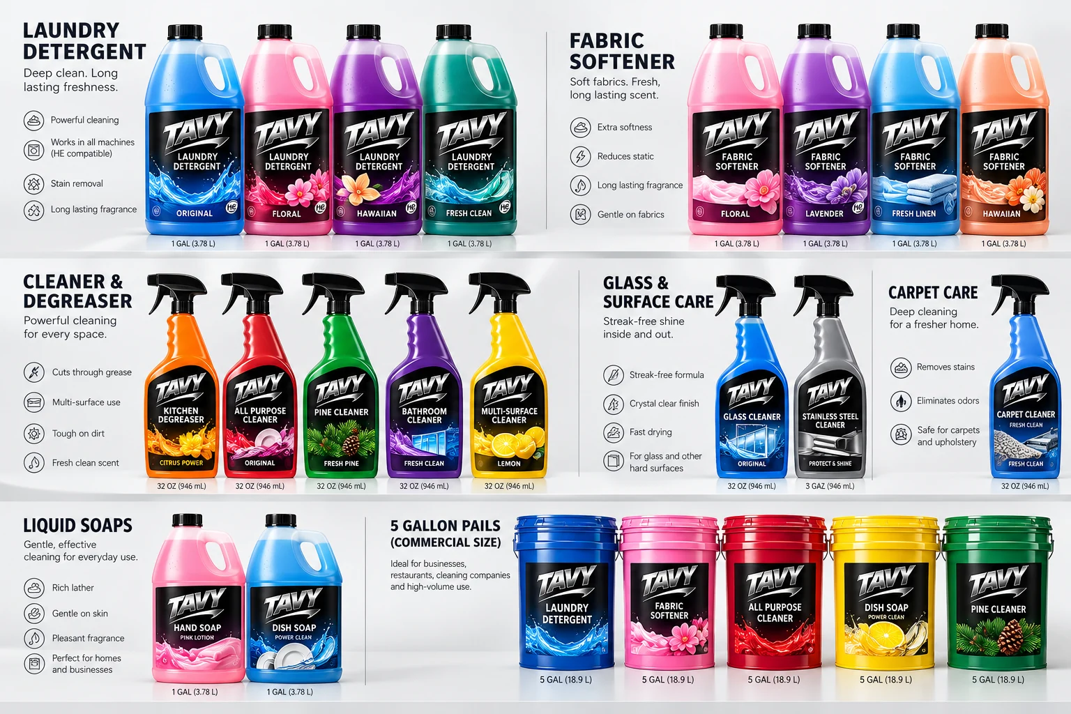 TAVY concept lineup showing laundry, surface cleaners, liquid soaps and 5 gallon pails